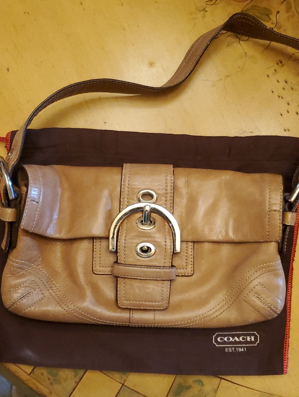 Coach Beige Leather Shoulder Bag with Silver Buckle